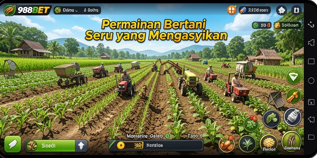 Screenshot utama 988BET menampilkan gameplay interaktif bertani yang seru.