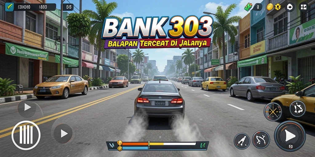 Tampilan gameplay menegangkan dari BANK303 saat balapan di lintasan.