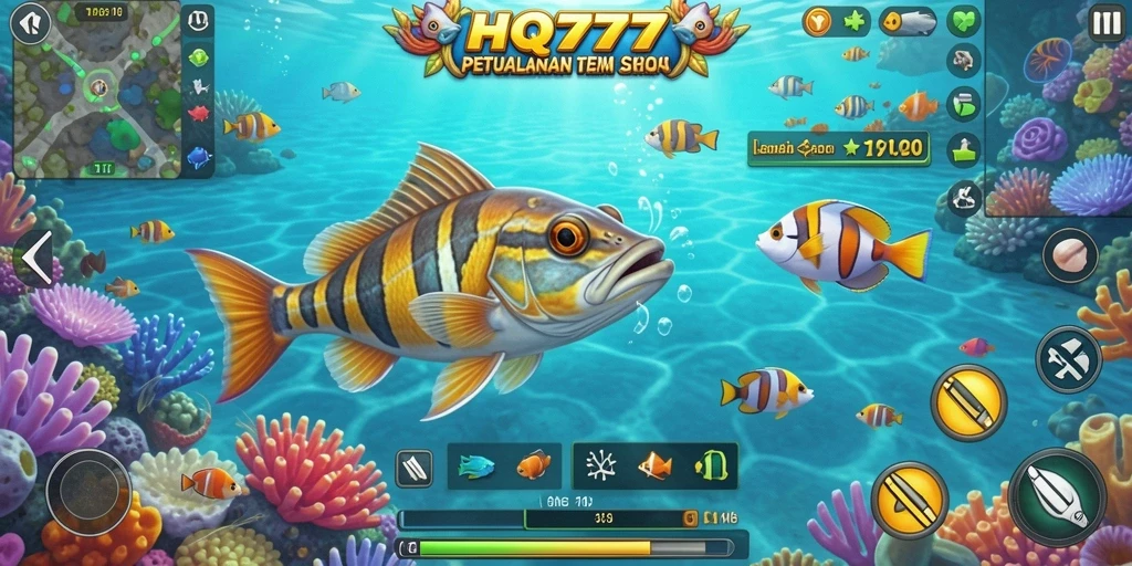 Screenshot menunjukkan aksi seru memancing ikan di HQ777.
