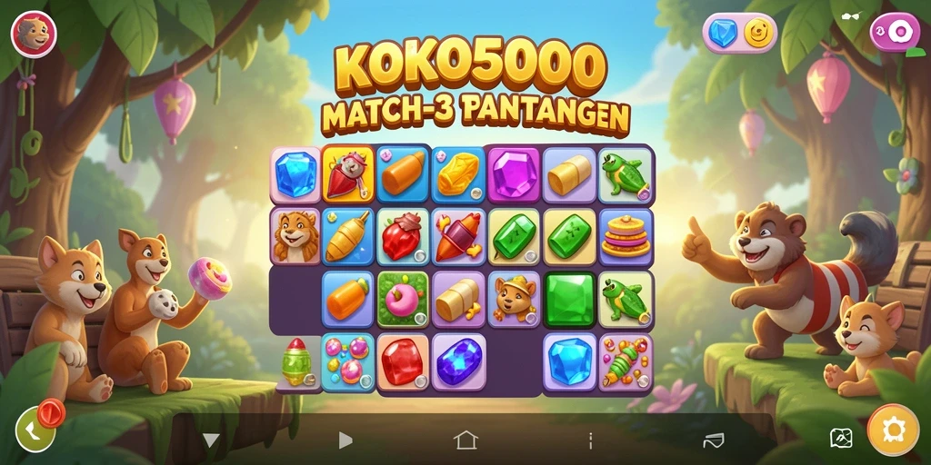 Tangkapan layar utama KOKO5000 menampilkan gameplay seru dengan berbagai item Match-3.