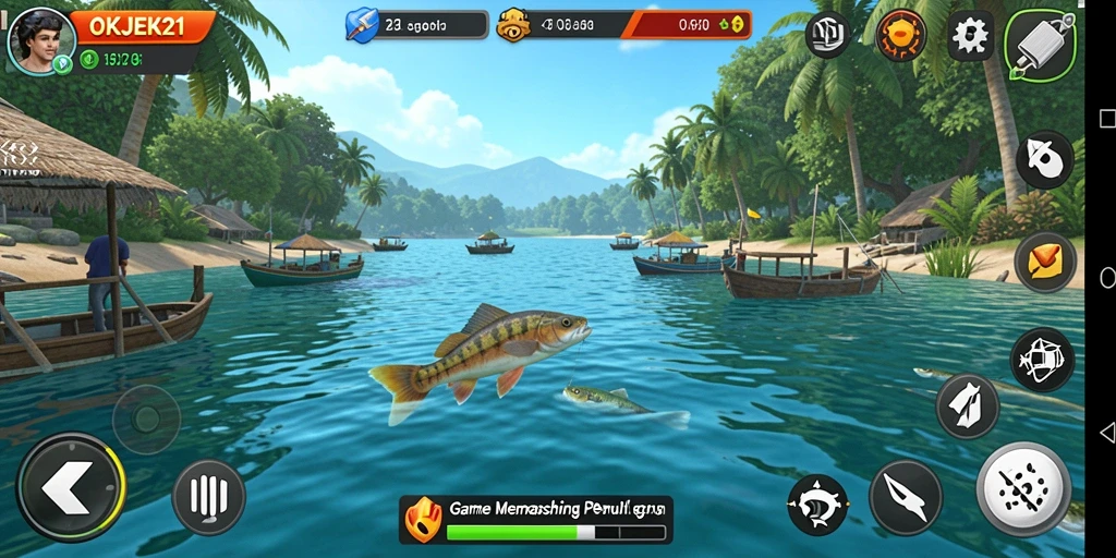 Tampilan gameplay seru dalam OKJEK21 saat menangkap ikan.