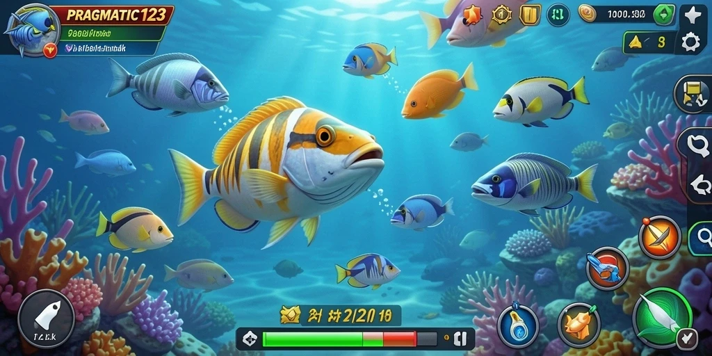 Tampilan gameplay PRAGMATIC123 yang menampilkan aksi menembak ikan.