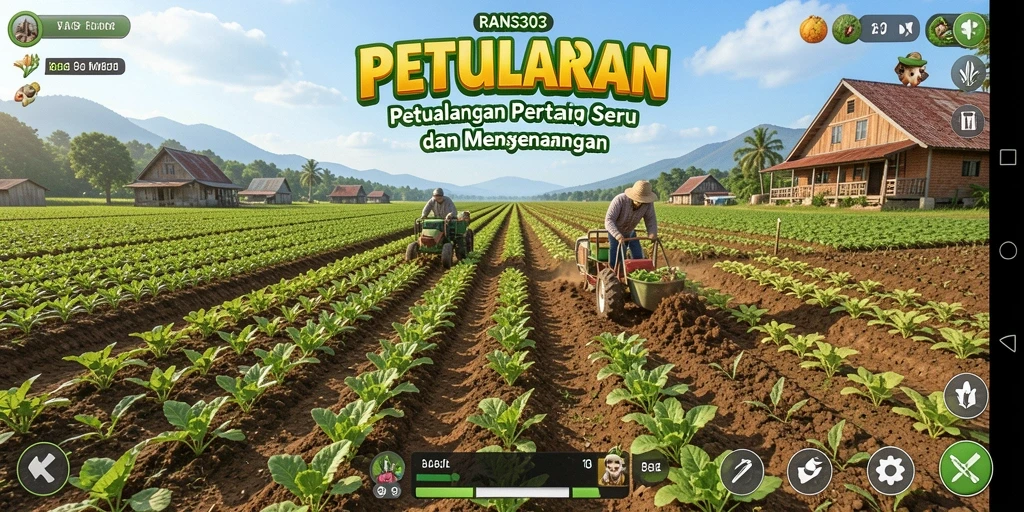 Tampilan gameplay seru dalam RANS303 saat mengelola lahan pertanian.